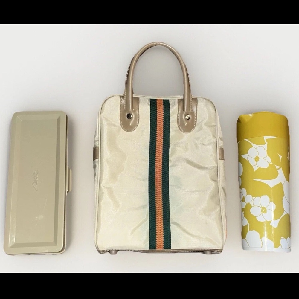 Vintage Aladdin Lunch Bag Insulated Pitcher and Plastic Food Box Tan 12”x10”x5”